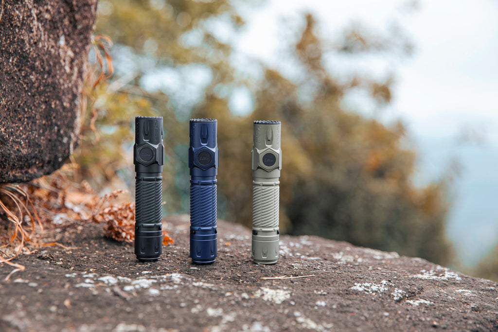 Olight Warrior Ultra in Stealth Grey, Navy Blue, and Olive Green
