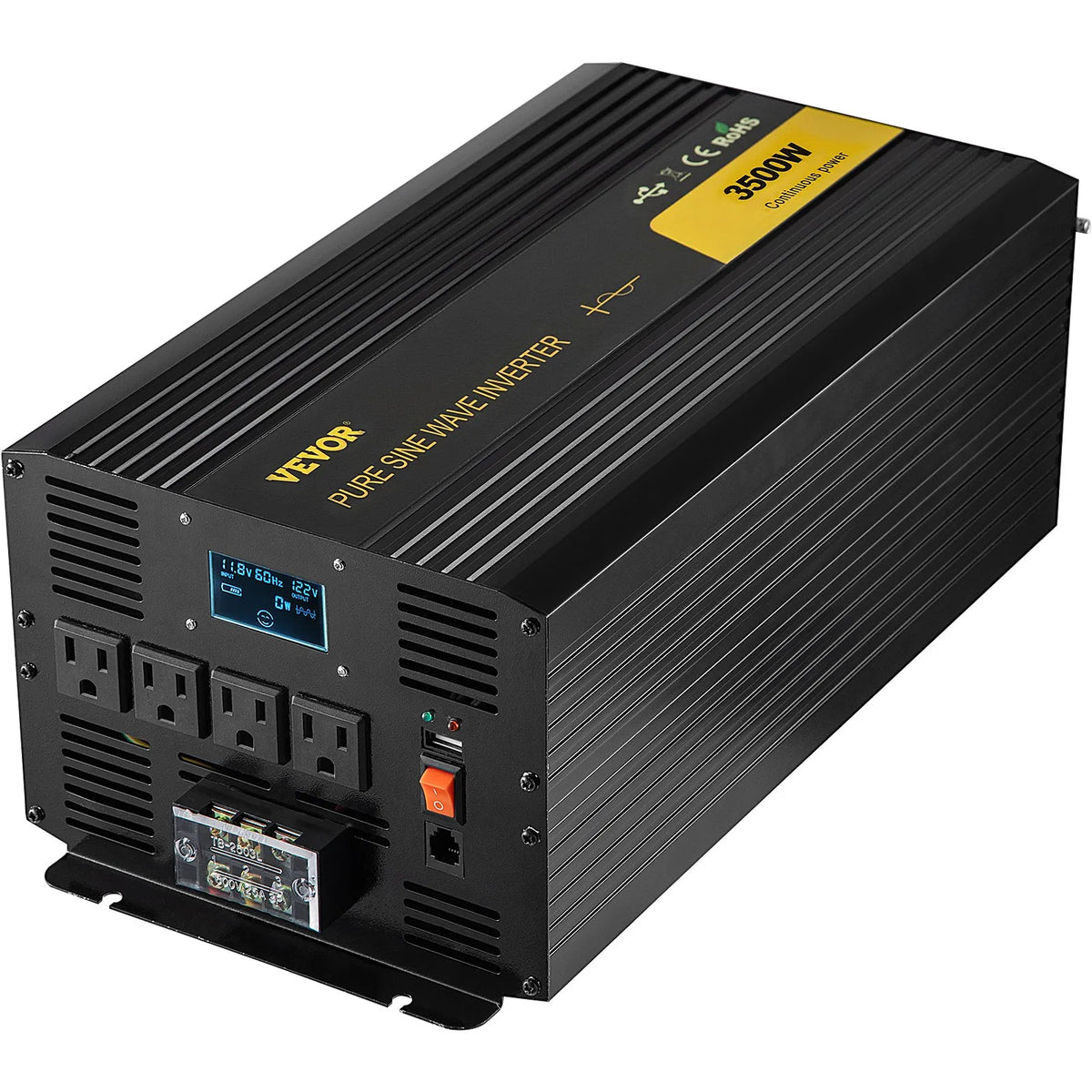 VEVOR 3500W 12V pure sine wave inverter front three-quarter view