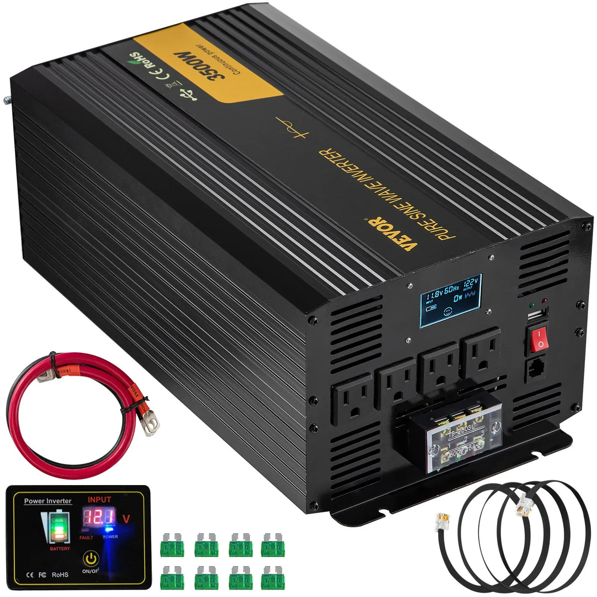 VEVOR 3500W 12V pure sine wave inverter with included accessories