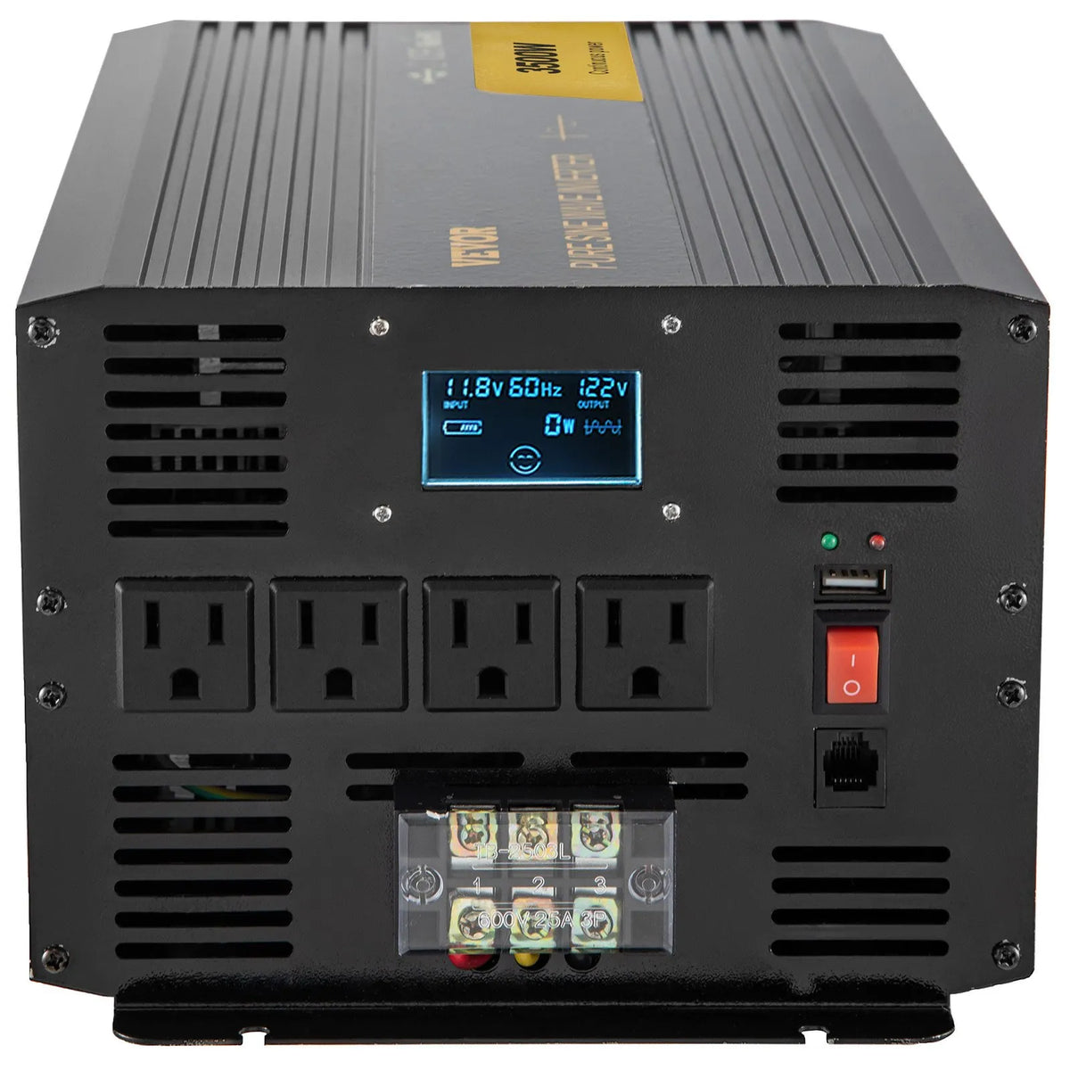 VEVOR 3500W pure sine wave inverter front control panel with LCD, four AC outlets, USB port, and power switch
