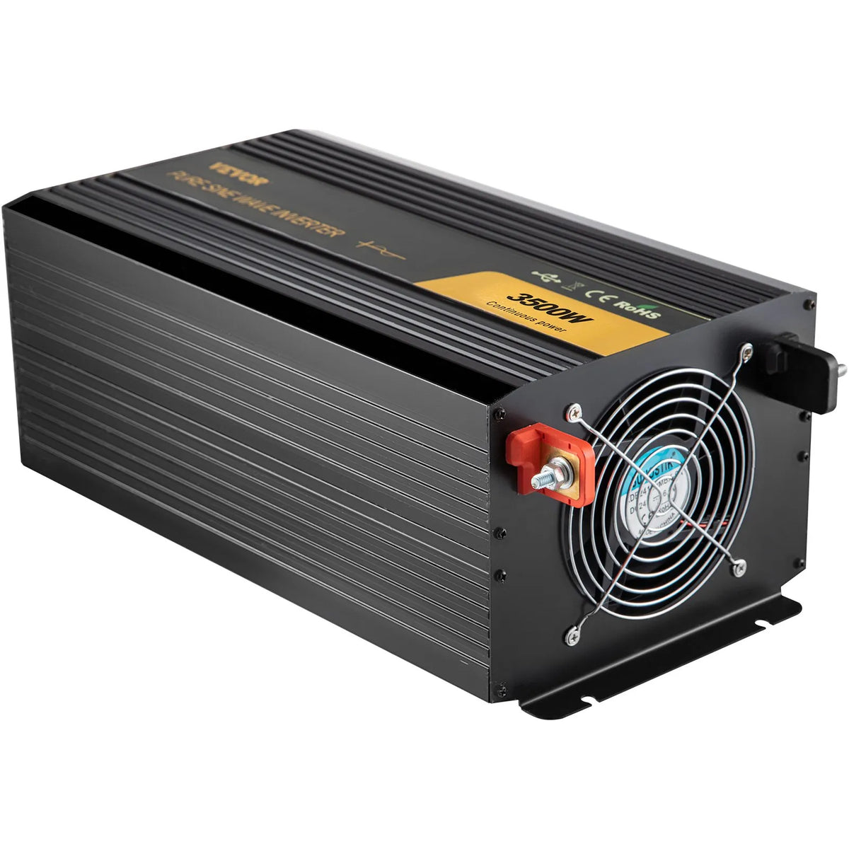 VEVOR 3500W pure sine wave inverter rear cooling fan and DC terminal view