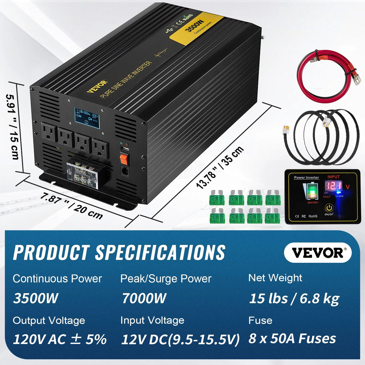VEVOR 3500W pure sine wave inverter dimensions, specifications, and included accessories