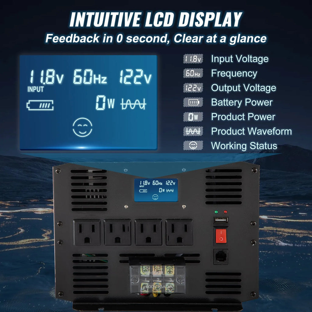 VEVOR 3500W pure sine wave inverter LCD display indicators and front panel