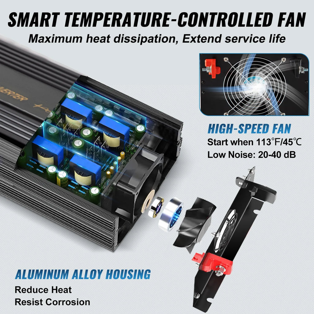 VEVOR 3500W pure sine wave inverter temperature-controlled cooling fan and aluminum housing