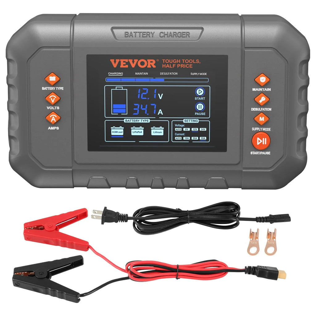 VEVOR smart battery charger with alligator clips, power cord, and cable lug accessories