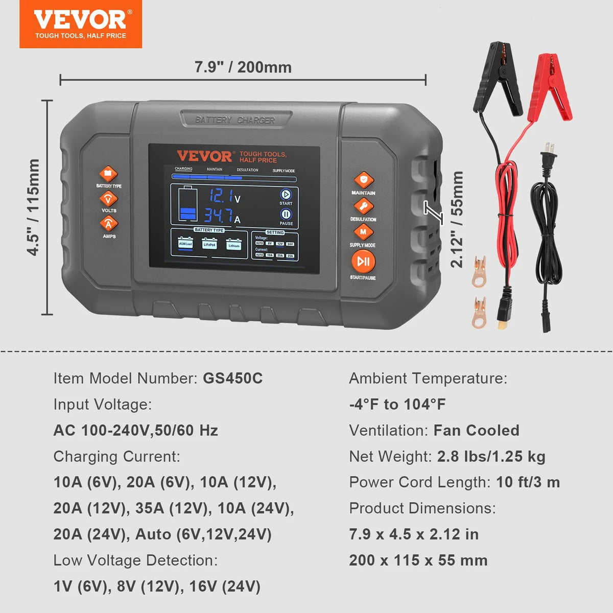 VEVOR GS450C smart battery charger specifications, dimensions, and charging current chart