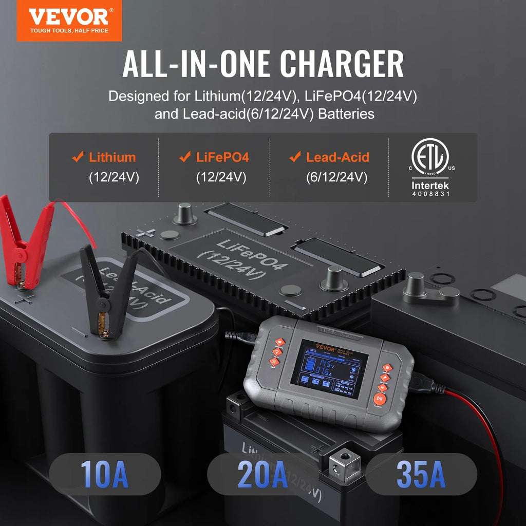 VEVOR all-in-one battery charger compatible with lithium, LiFePO4, and lead-acid batteries