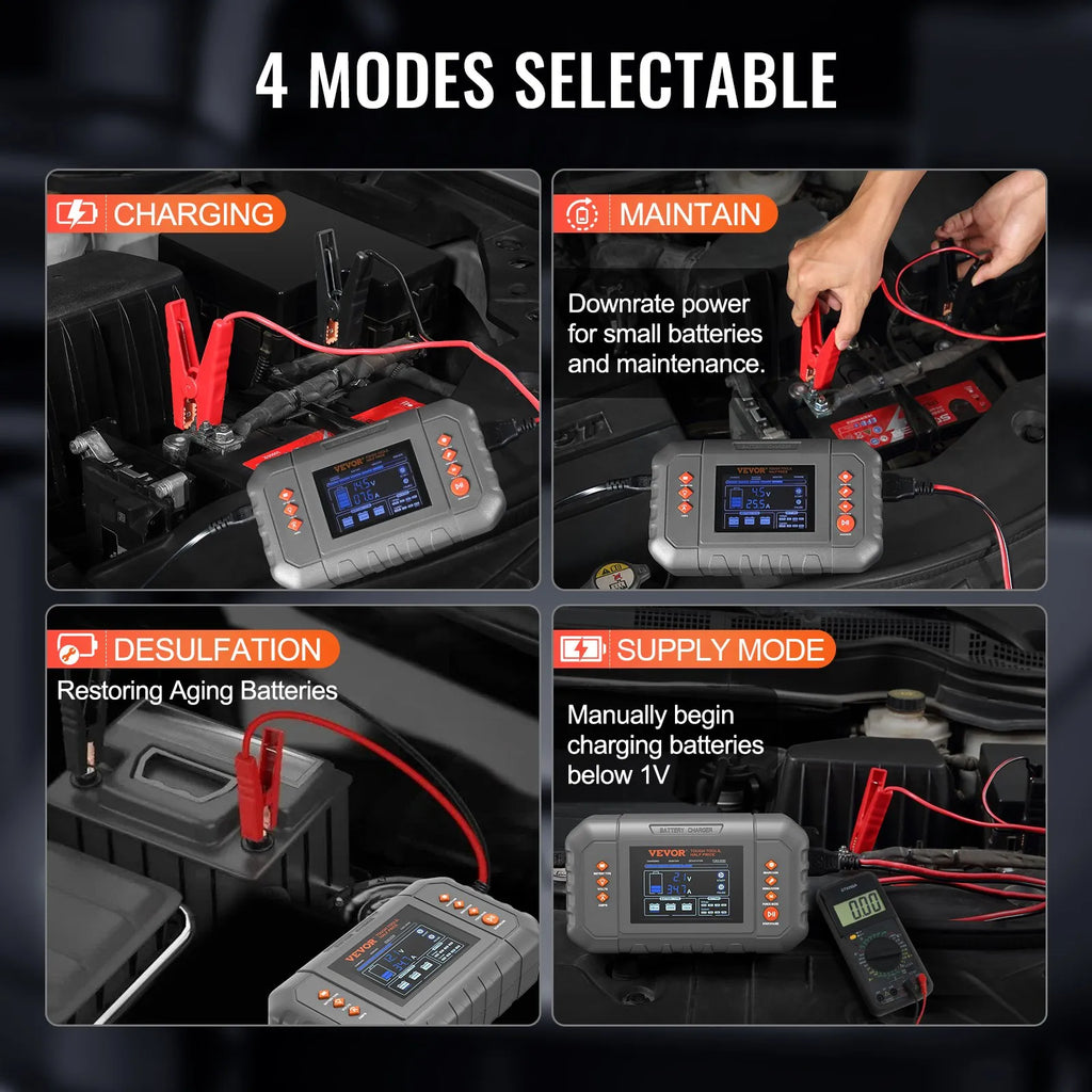 VEVOR smart battery charger four selectable modes: charging, maintain, desulfation, and supply mode