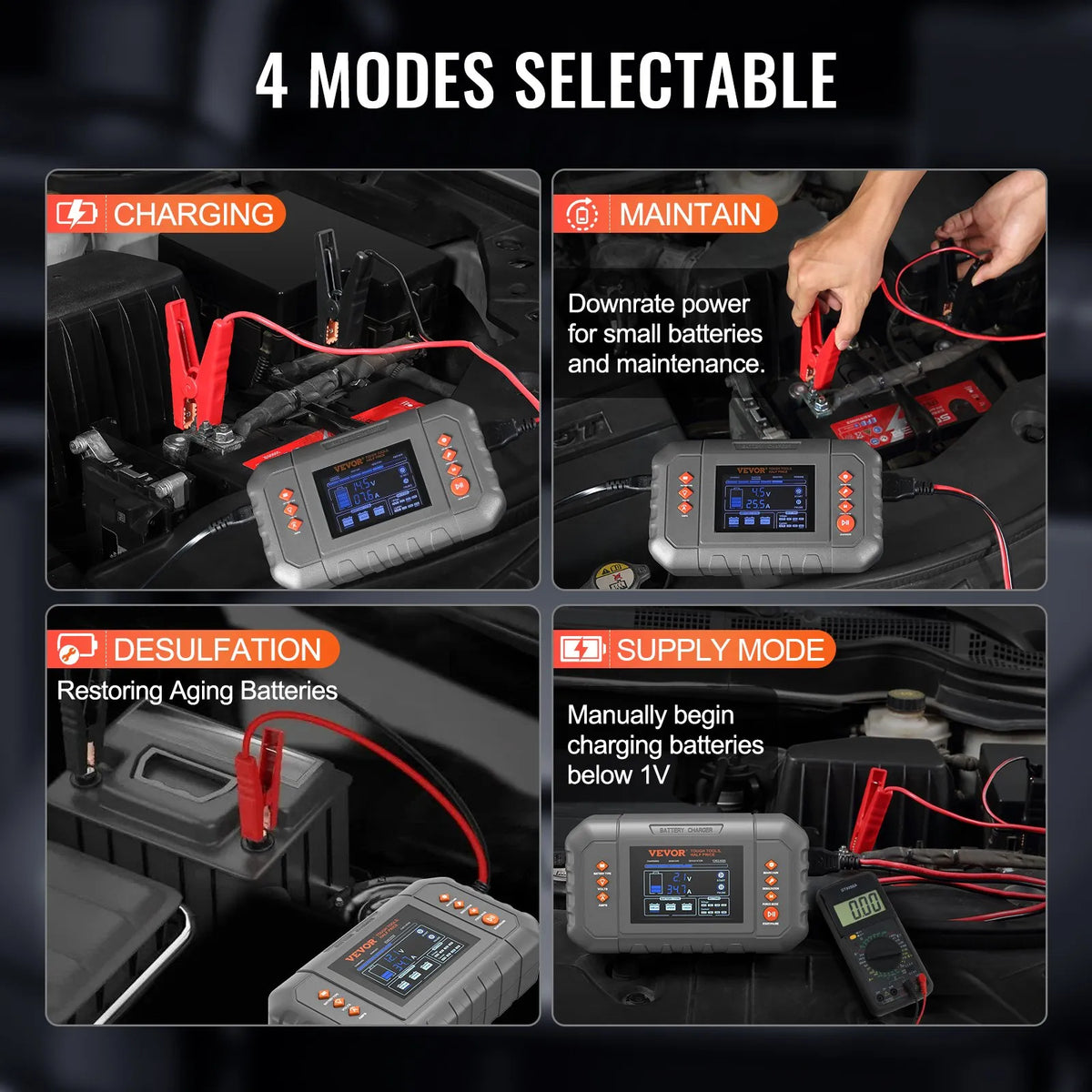 VEVOR smart battery charger four selectable modes: charging, maintain, desulfation, and supply mode