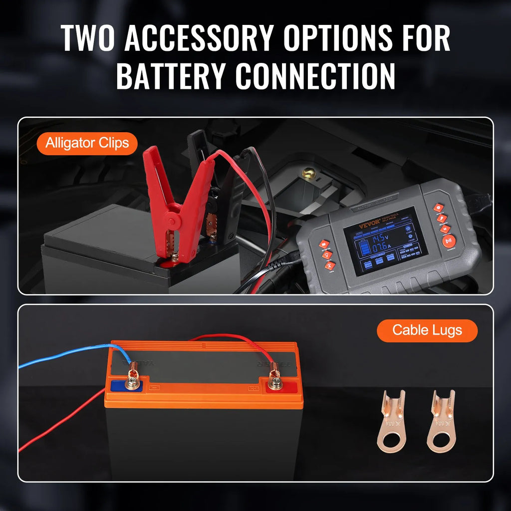 VEVOR battery charger connection options with alligator clips and cable lugs