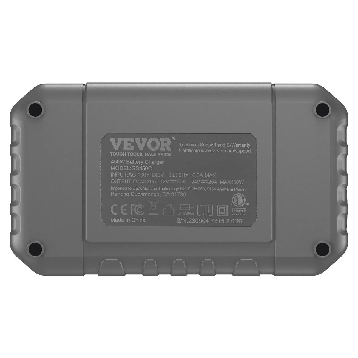 Rear technical label of VEVOR GS450C smart battery charger