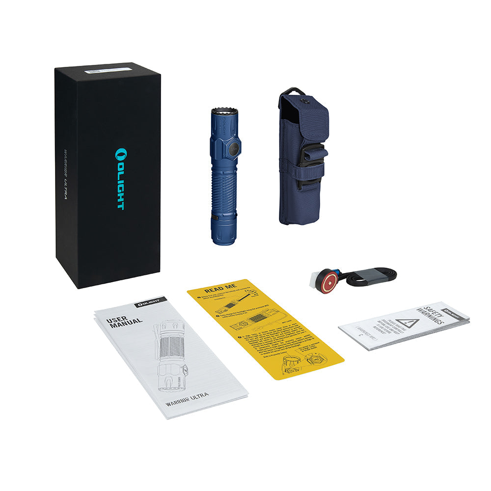 Olight Warrior Ultra Navy Blue package contents with holster and magnetic charging cable