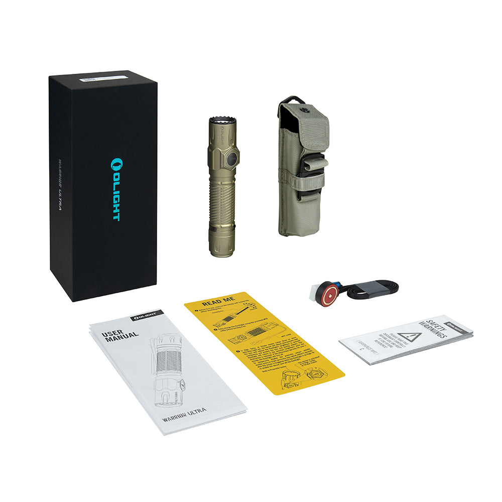 Olight Warrior Ultra Olive Green package contents with holster and magnetic charging cable