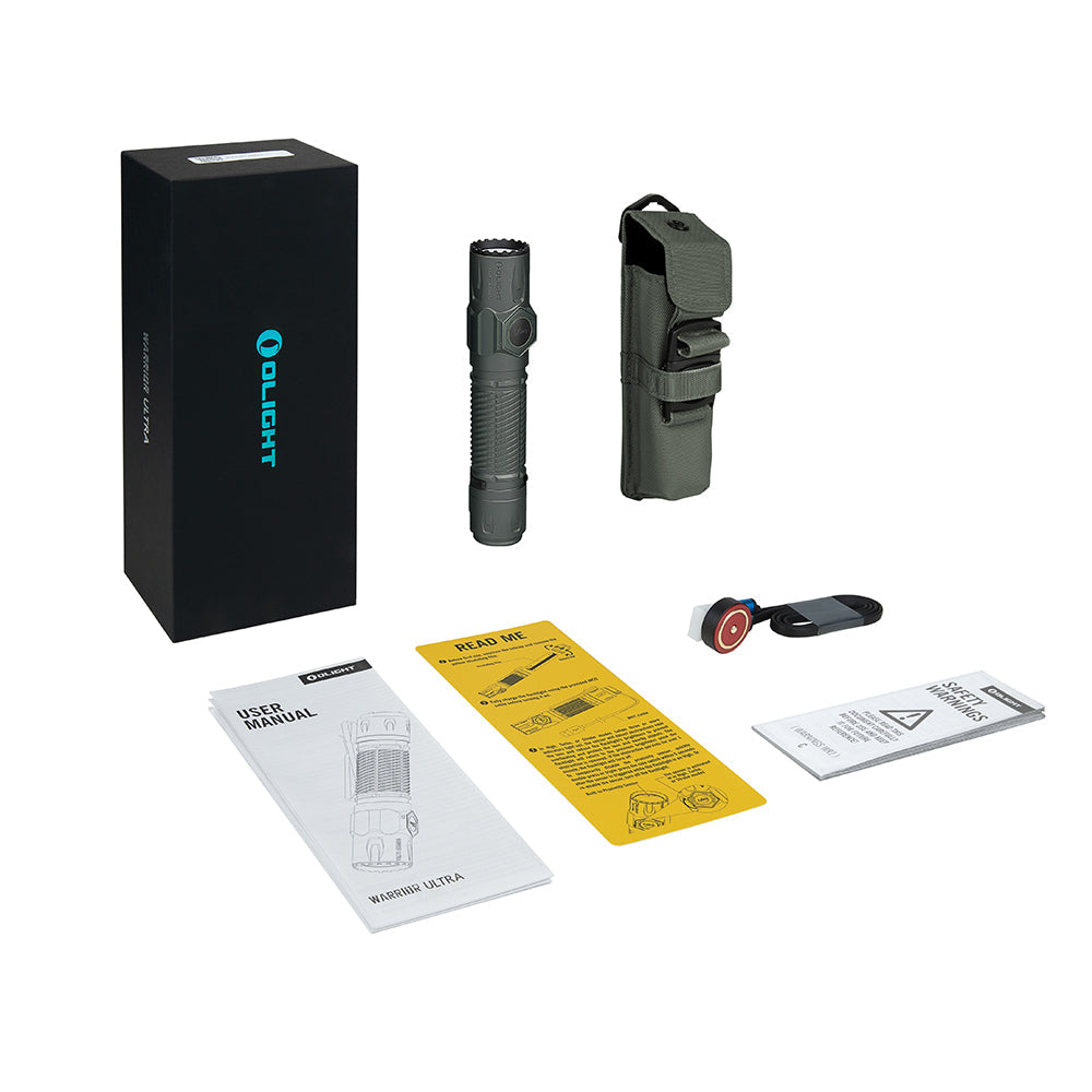 Olight Warrior Ultra Stealth Grey package contents with holster and magnetic charging cable