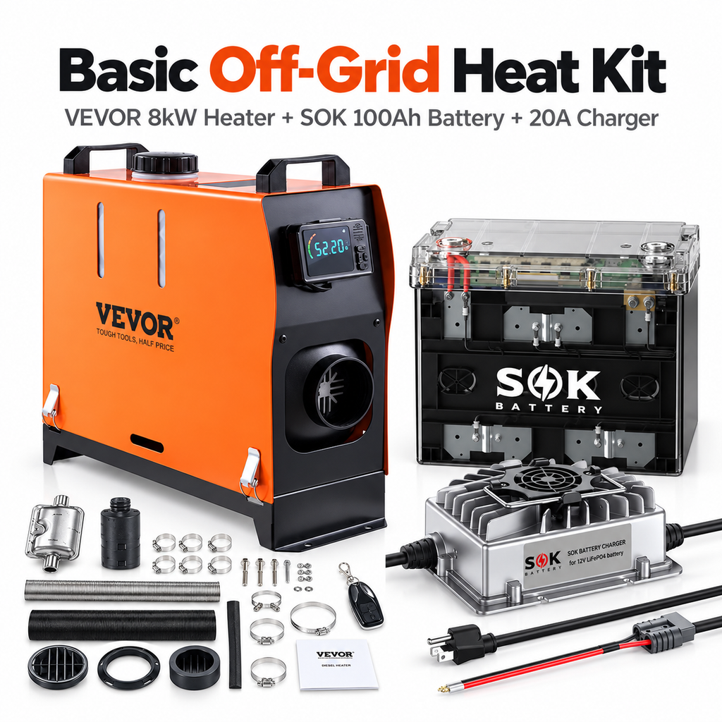 Elevation Basic Off-Grid Heat Kit with VEVOR diesel heater, SOK 100Ah battery and SOK 20A charger