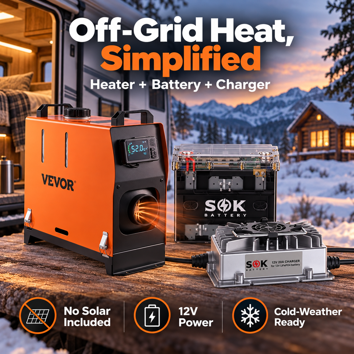 Off-grid heat kit lifestyle image with VEVOR heater, SOK battery and SOK charger