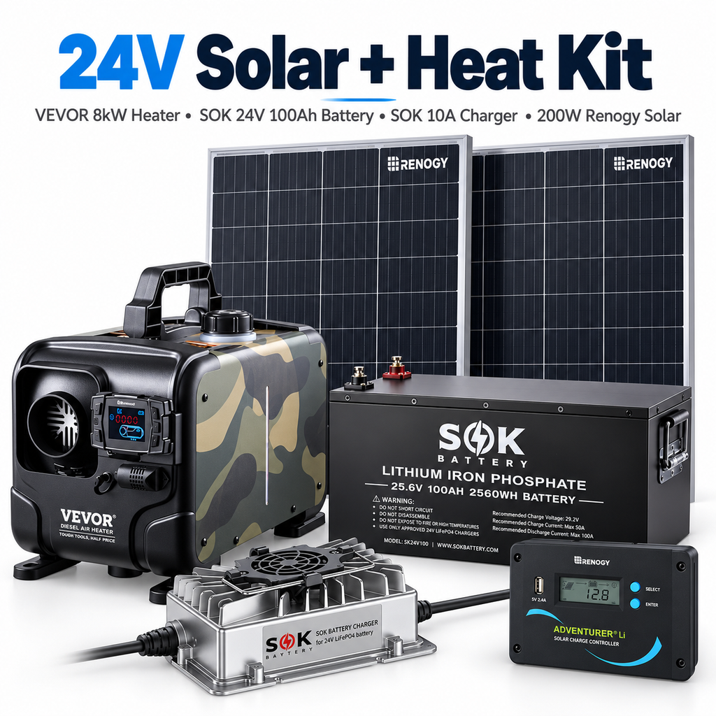 Elevation 24V Solar and Heat Kit with VEVOR 8kW heater, SOK 24V 100Ah battery, SOK 10A charger, two Renogy 100W panels and Renogy Adventurer Li 30A controller