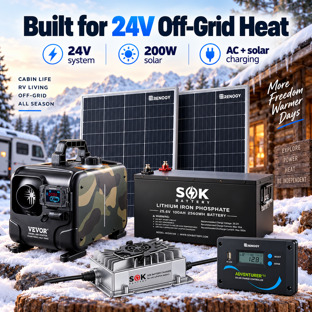 Elevation 24V Solar and Heat Kit in a winter off-grid RV and cabin setting