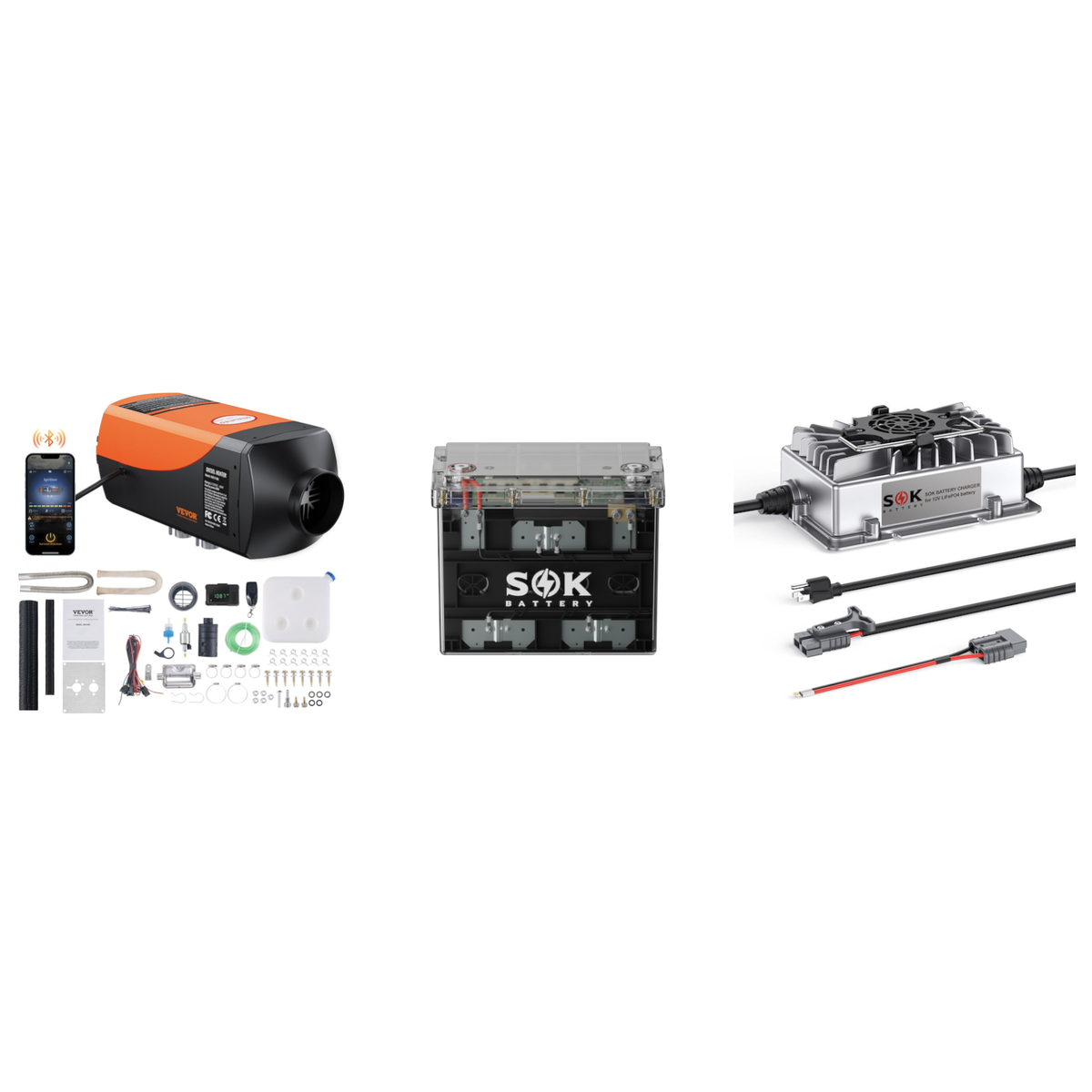 Elevation Basic Off-Grid Heat Kit with VEVOR 8kW diesel heater, SOK 100Ah battery, and SOK 20A charger