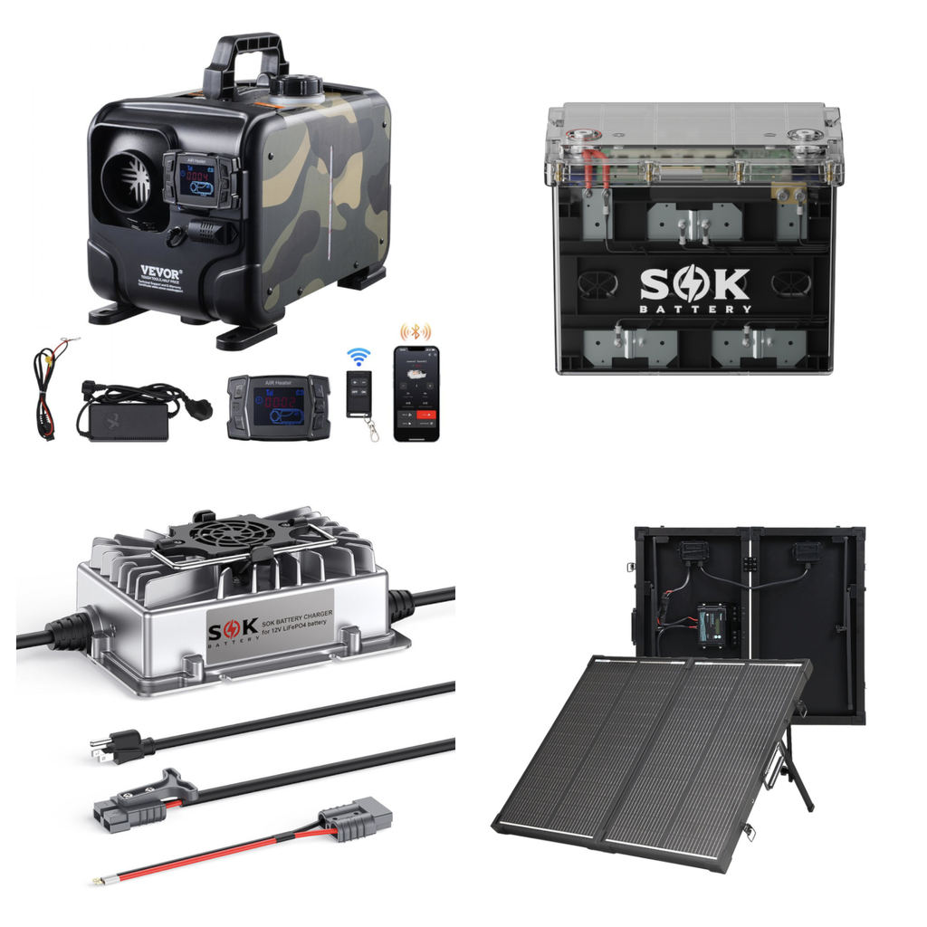 Elevation Complete 12V Diesel Heater Power Kit with VEVOR heater, SOK 100Ah battery, SOK 20A charger, and Renogy 100W solar suitcase