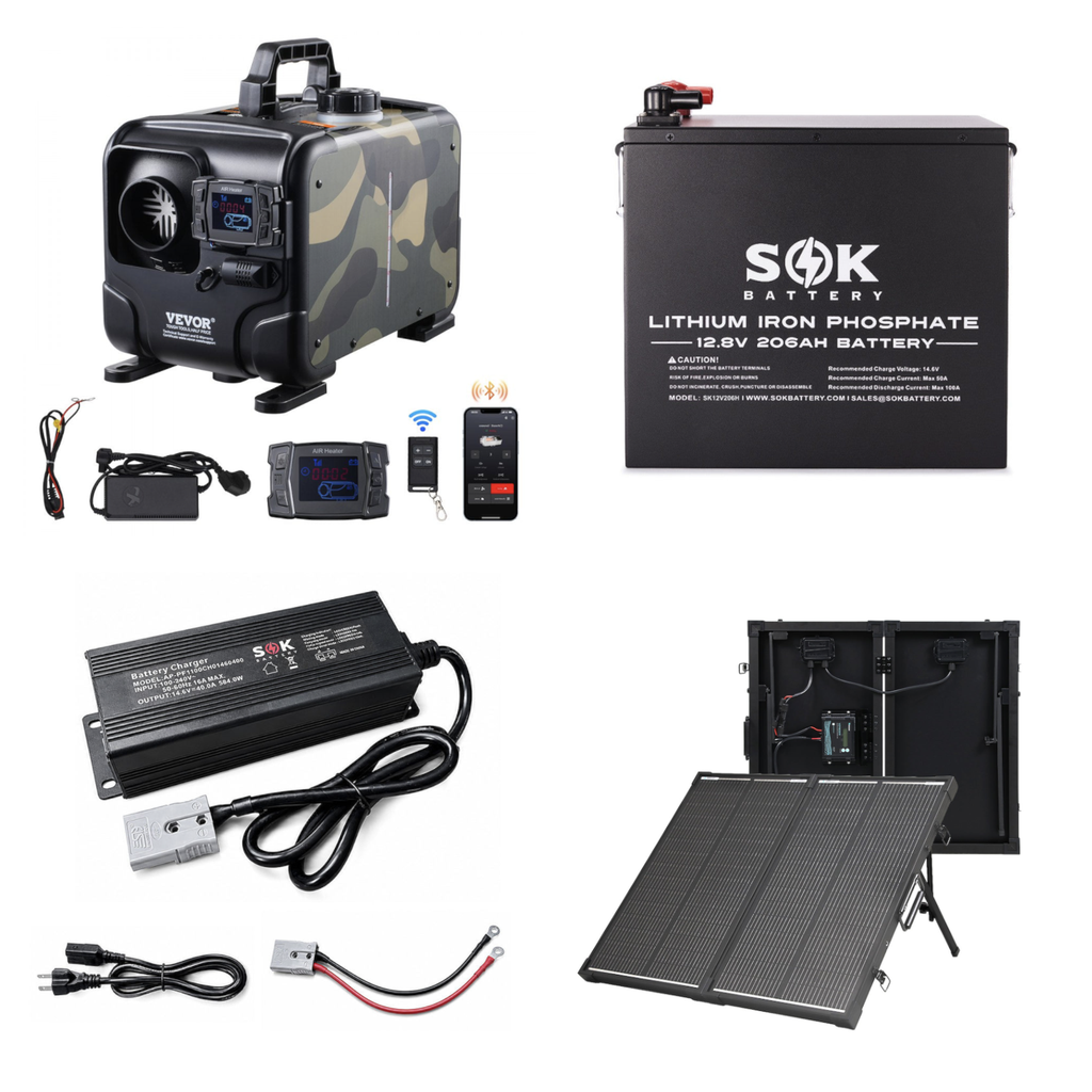 Elevation Extended-Reserve Diesel Heater Kit with VEVOR heater, SOK 206Ah heated battery, SOK 40A charger, and Renogy 100W solar suitcase