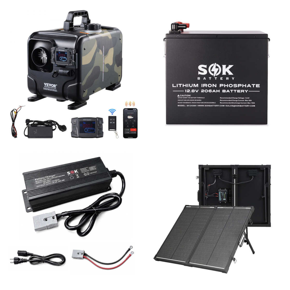 Elevation Extended-Reserve Diesel Heater Kit with VEVOR heater, SOK 206Ah heated battery, SOK 40A charger, and Renogy 100W solar suitcase