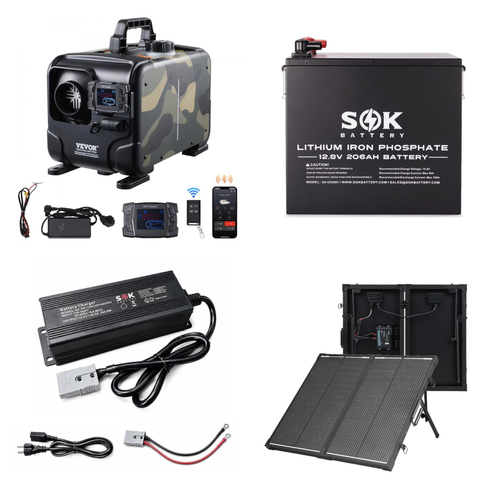 Elevation Extended-Reserve Diesel Heater Kit with VEVOR heater, SOK 206Ah heated battery, SOK 40A charger, and Renogy 100W solar suitcase