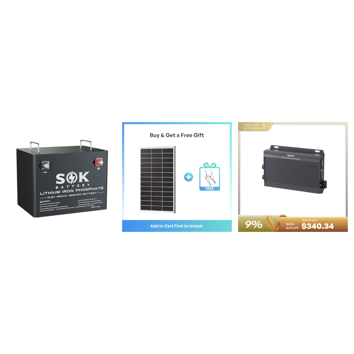Elevation premium 12V solar power package with SOK 280Ah heated battery, 400W Renogy bifacial solar array, and Renogy 50A MPPT charger