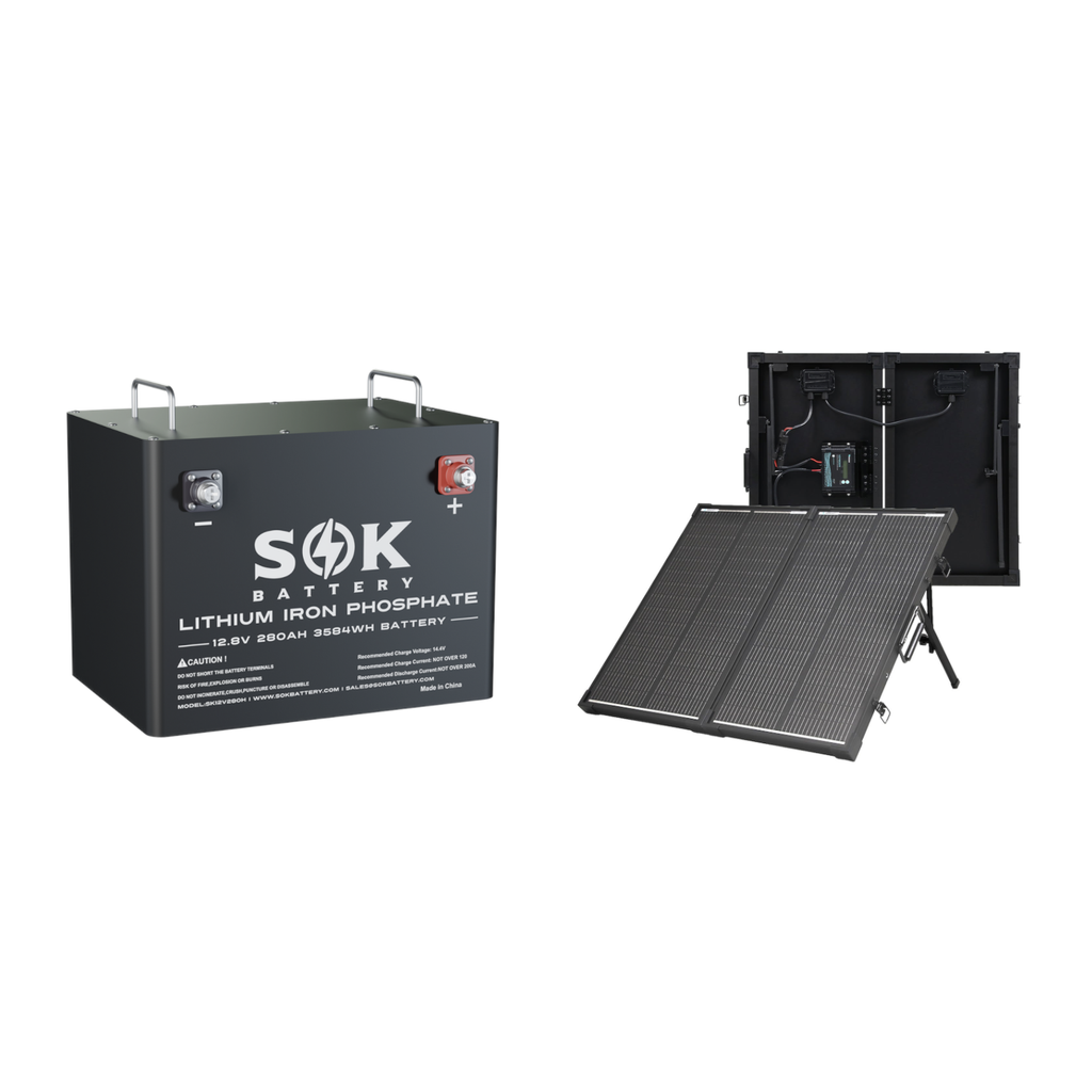 Elevation SOK and Renogy 12V solar power bundle with SOK 280Ah heated battery and Renogy 100W portable solar suitcase