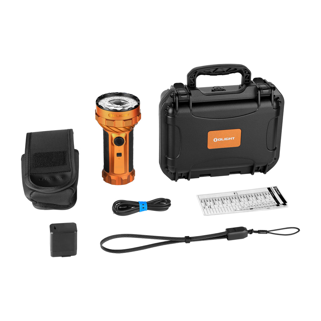 Olight Marauder 3 Orange U.S. package contents with adapter