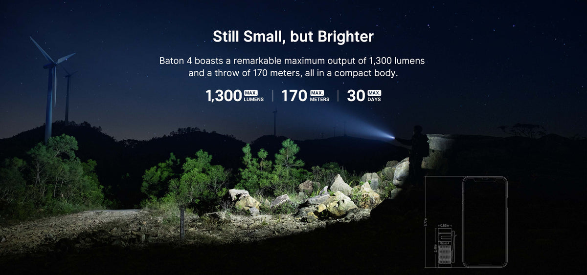 Olight Baton 4 1300 lumen compact EDC flashlight outdoor beam performance