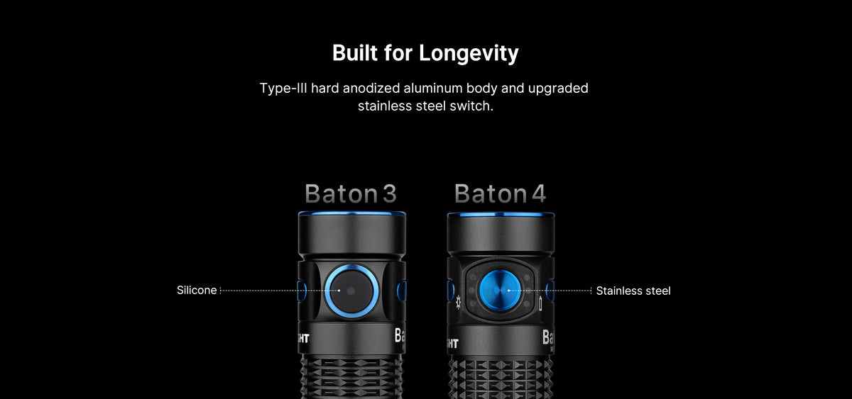 Olight Baton 4 stainless steel switch and durable aluminum body