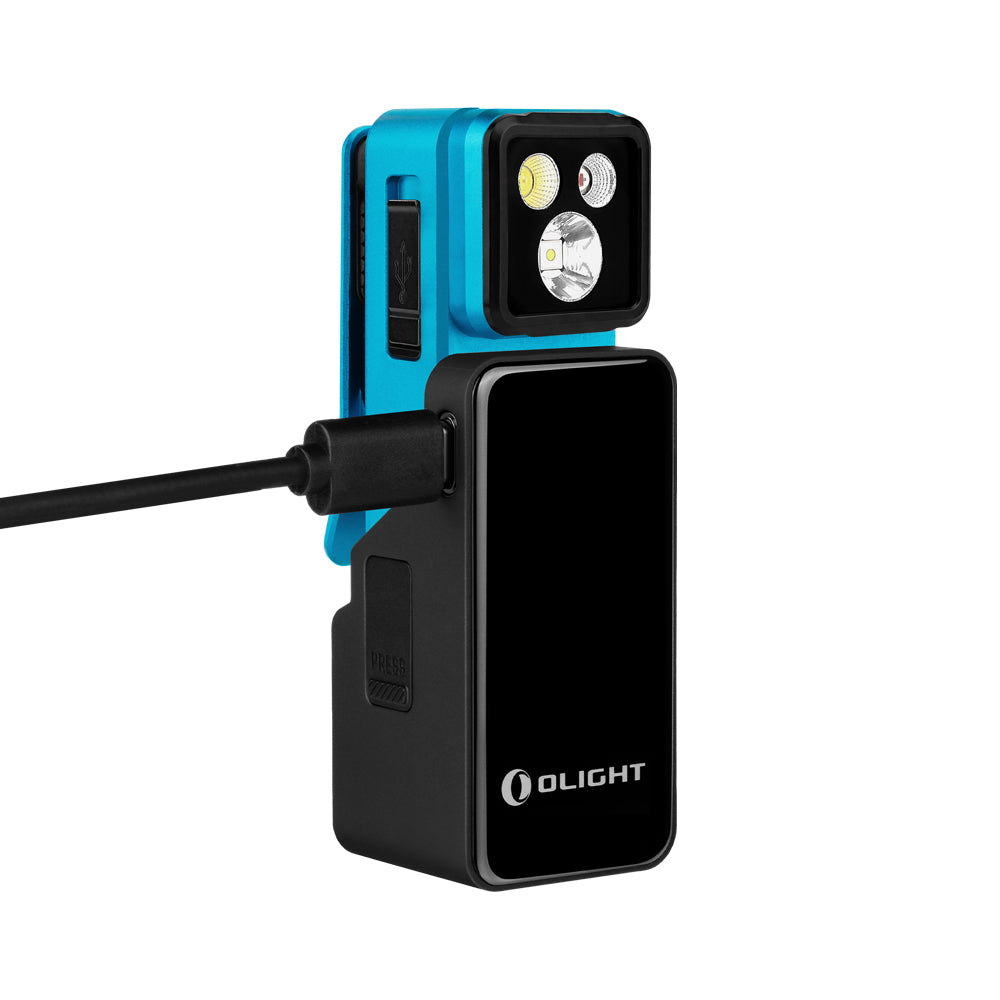 Olight Oclip 2 Pro Premium Tidal Blue front view with Mobile Charging Dock