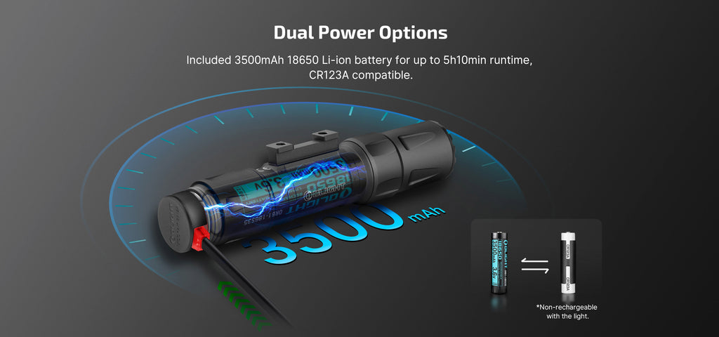 Olight Odin S official rechargeable 18650 and CR123A dual power options graphic