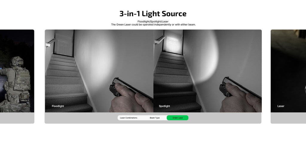 Olight PL X GL 3-in-1 light source graphic showing floodlight, spotlight and green laser modes