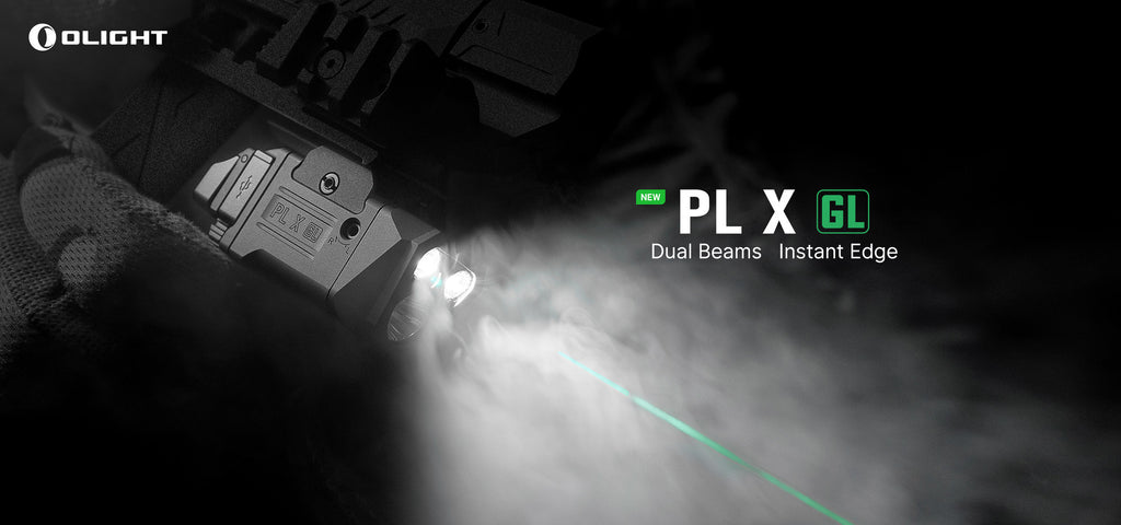 Olight PL X GL launch graphic showing the dual-beam light and green laser
