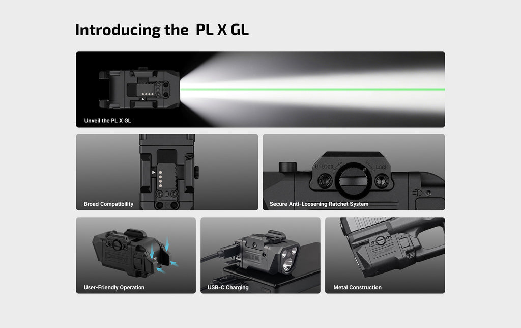 Olight PL X GL product overview with beam, rail, clamp, charging and construction features