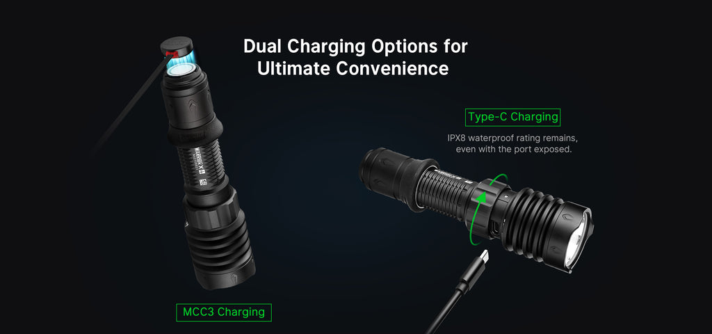 Olight Warrior X 4 MCC and USB-C dual charging options