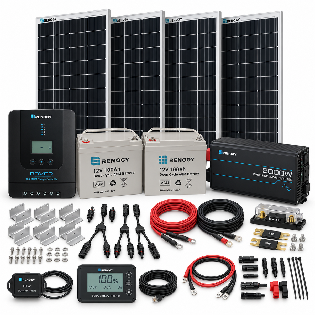 Renogy 400W complete solar kit with two AGM batteries, Rover 40A MPPT controller, 2000W inverter and battery monitor