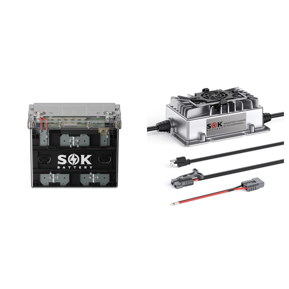 SOK SK12V100PC 12V 100Ah LiFePO4 battery with SOK SK12V20A 20A charger kit