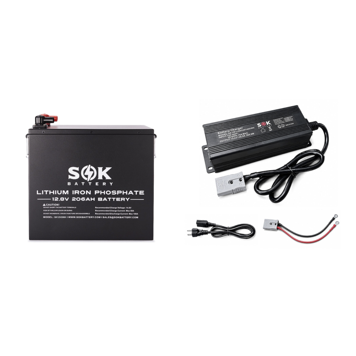 SOK SK12V206H 12V 206Ah heated LiFePO4 battery with SOK SK12V40A 40A charger kit