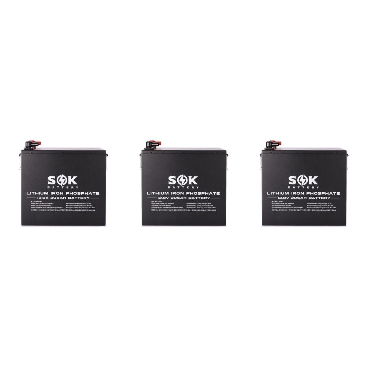 3 pack SOK SK12V206H 12V 206Ah heated Bluetooth LiFePO4 batteries