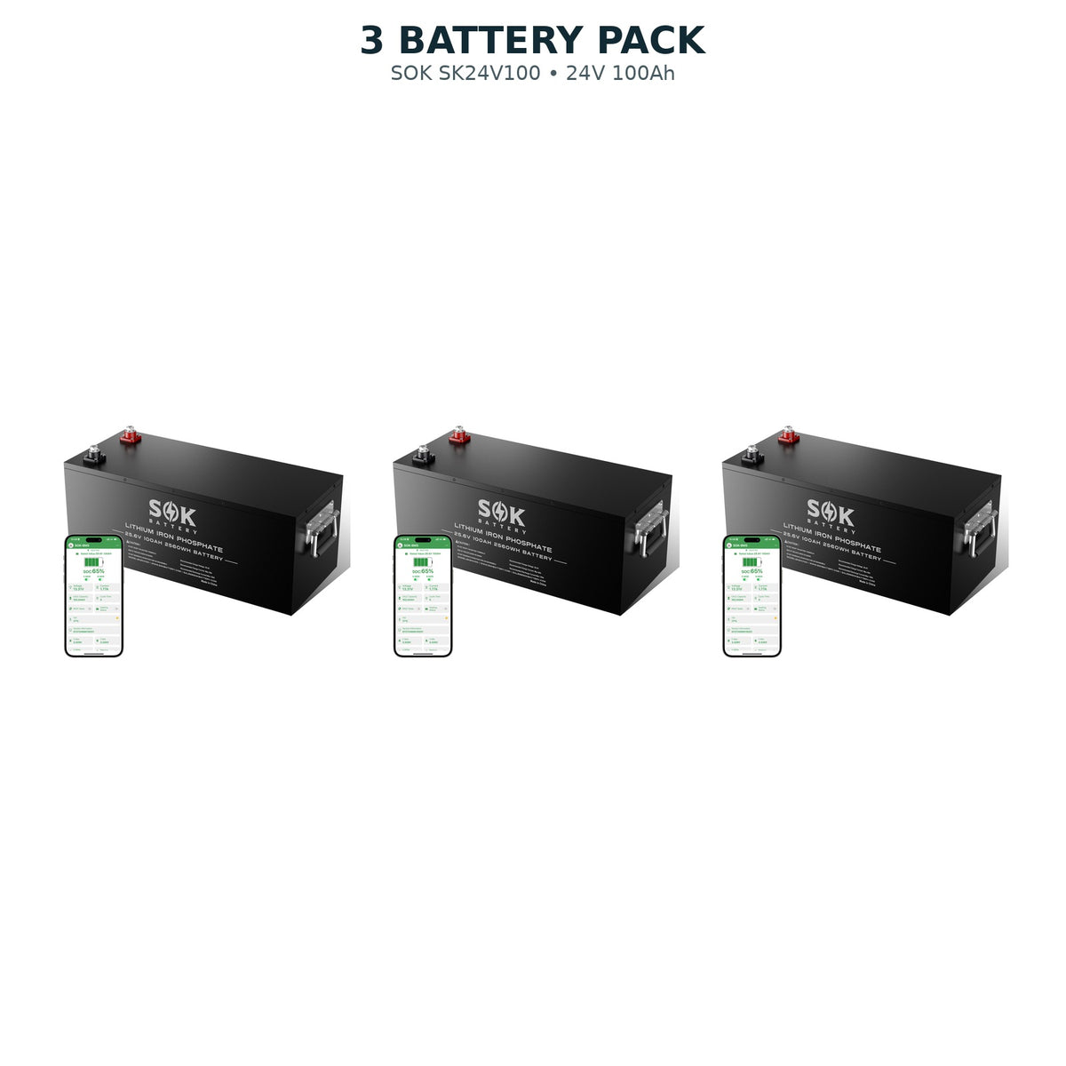 3 pack SOK SK24V100 24V 100Ah LiFePO4 batteries