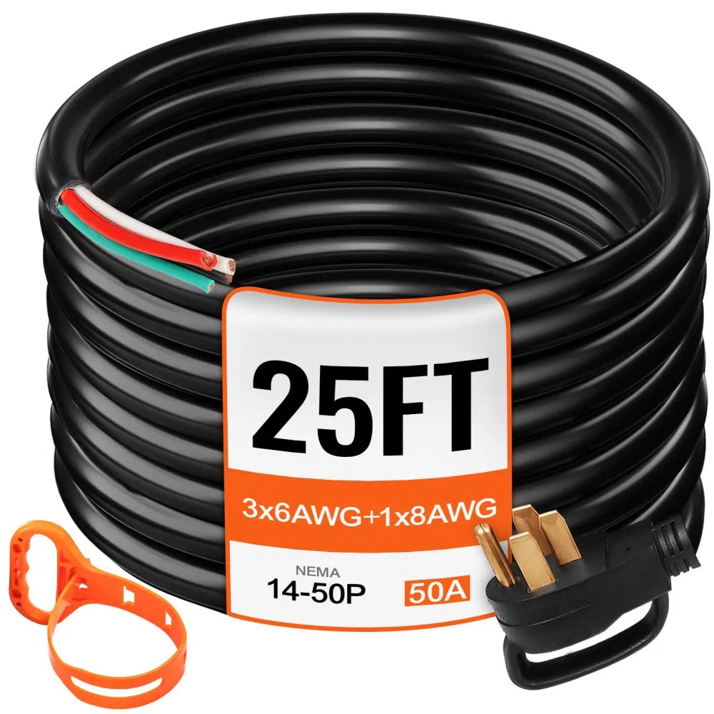 VEVOR 25' 50A RV Camp Power Cord Generator Cord 6/3 + 8/1 AWG NEMA 14-50P to Bare Wire