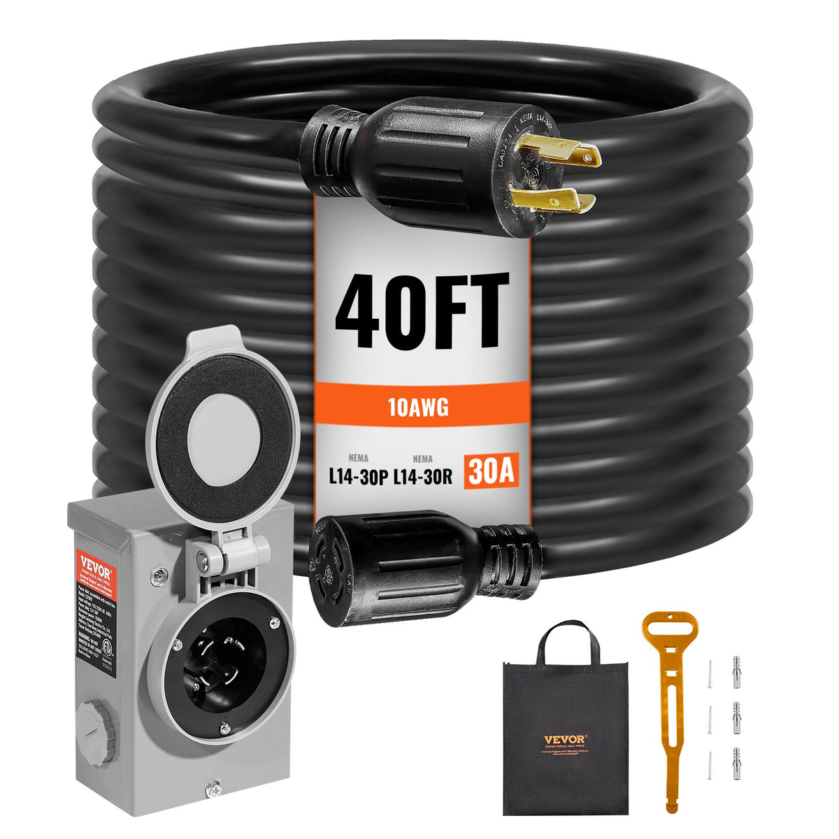 VEVOR 30 Amp Generator Cord and Power Inlet Box Kit, 40 FT