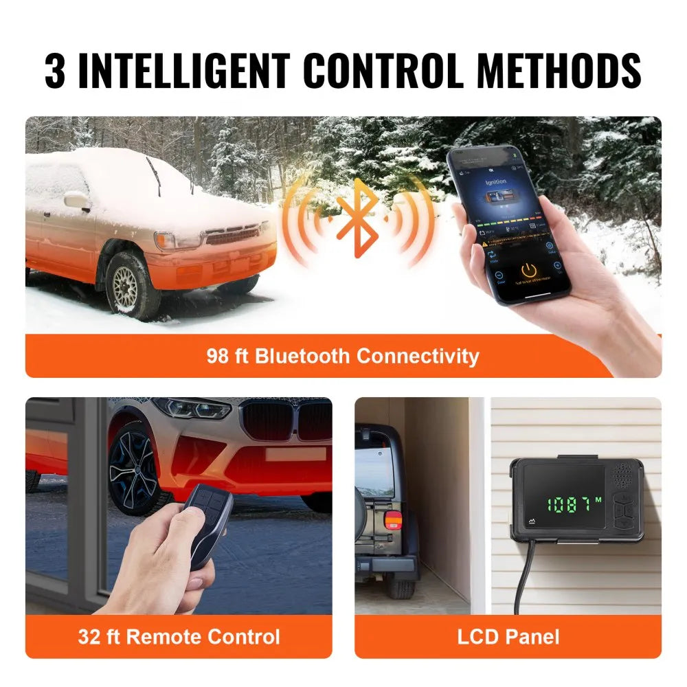 VEVOR 8kW diesel heater Bluetooth app, remote control, and LCD control methods