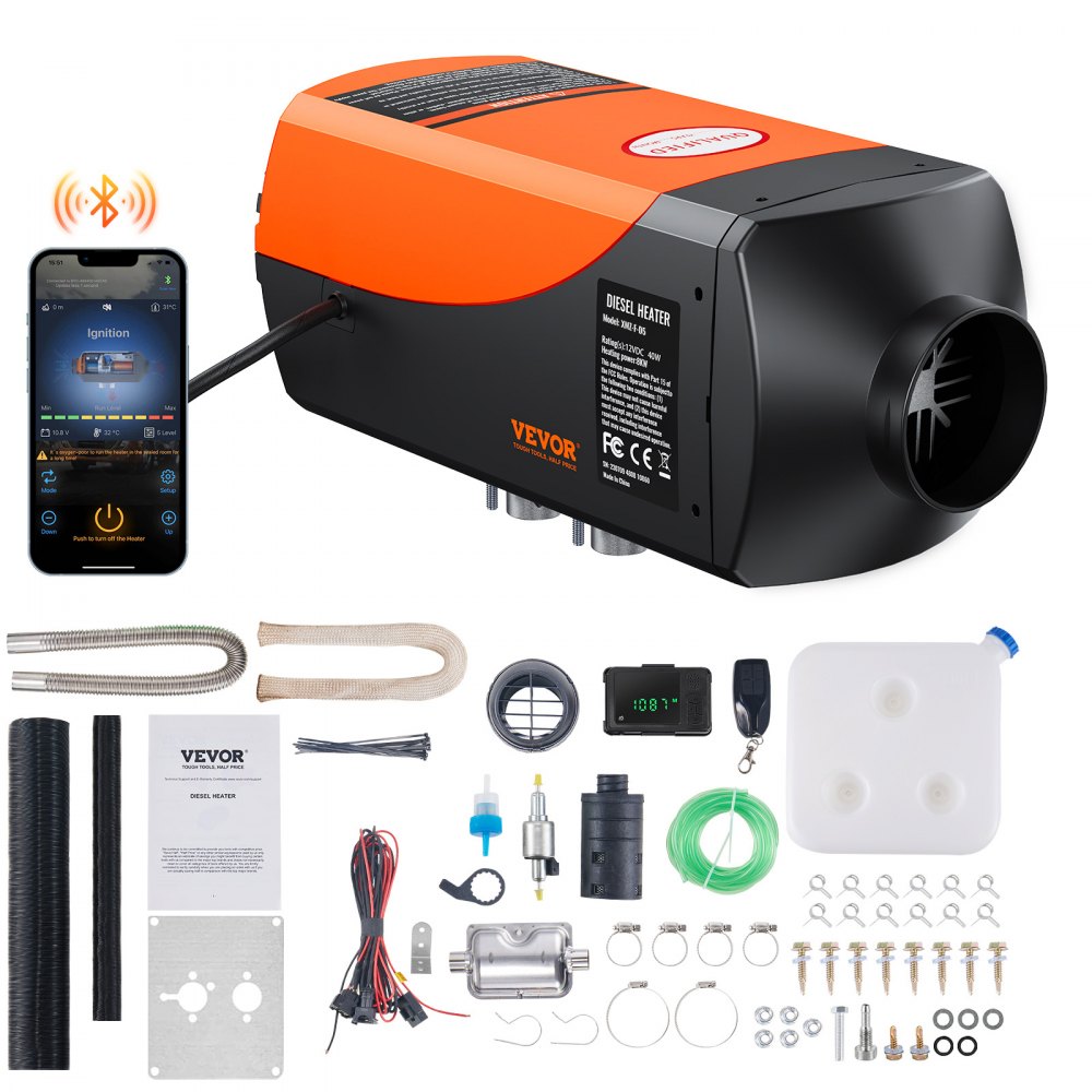 VEVOR 8kW 12V Bluetooth diesel heater ZCJRQFT12V8KWKIL7V9 with included installation accessories